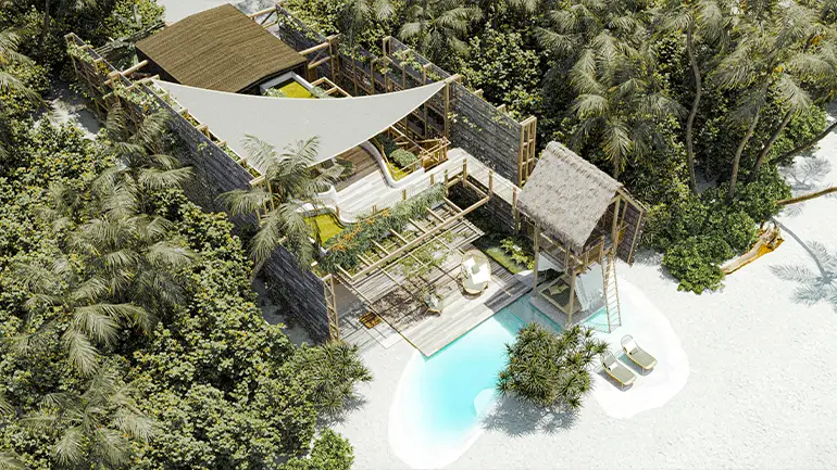 New Maldives Hotels &Amp; Resorts, 2025 &Amp; 2026 9 Aerial rendering of a sustainable beachfront villa with private pool, shaded terraces, and tropical landscaping at Vaagali Maldives, Vignette Collection.