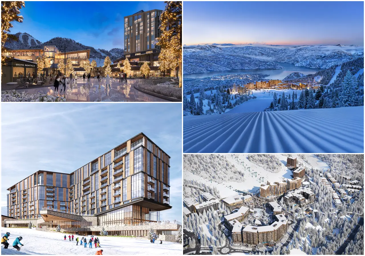 Luxury ski-in, ski-out resort rendering at Deer Valley East Village with snowy slopes, alpine village plaza, modern hotel towers, and mountain lake views at dusk.