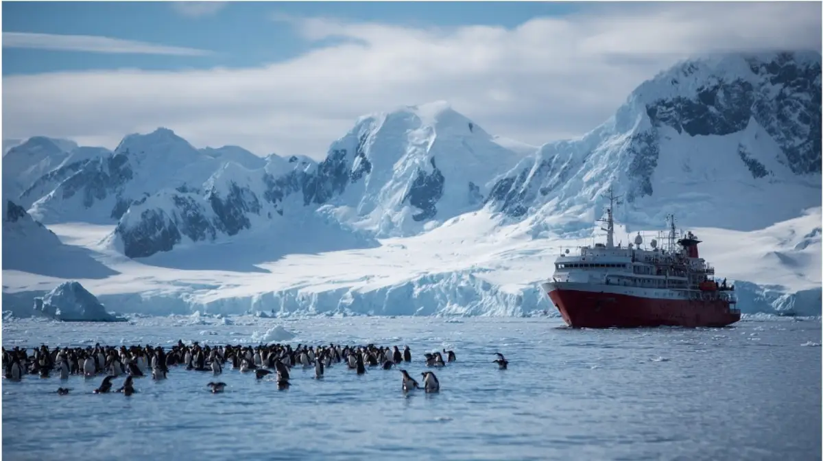An expedition ship anchored near an icy Antarctic coastline as a large group of penguins gathers at the water’s edge with snow-covered mountains in the background.