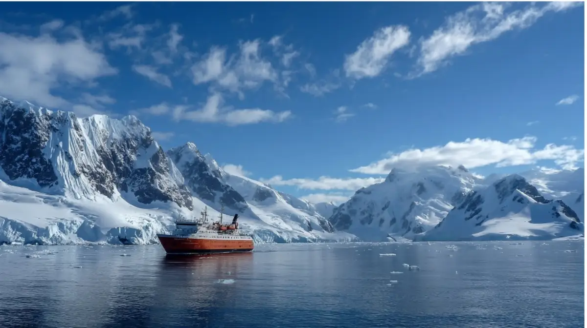 Preparing For Your Antarctic Journey: A Complete Expedition Planning Guide 3 An expedition ship sailing through calm Antarctic waters surrounded by towering snow-covered mountains and floating ice under a clear blue sky.