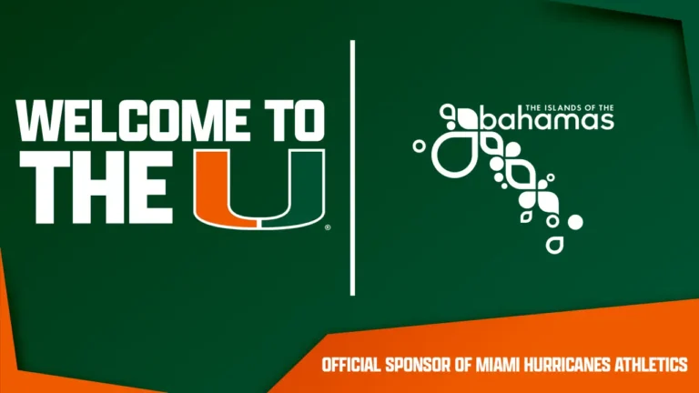 Promotional graphic reading “Welcome to the U” with The Islands of The Bahamas logo and “Official Sponsor of Miami Hurricanes Athletics” on a green and orange background.