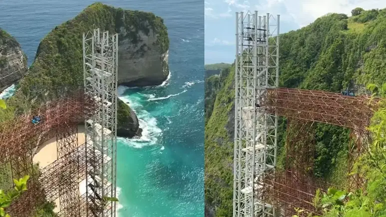 Glass Lift Structure At Famous Beach In Bali Ordered To Be Demolished 3 Steel framework of a glass lift under construction on a cliff above Kelingking Beach in Bali overlooking turquoise ocean waters.