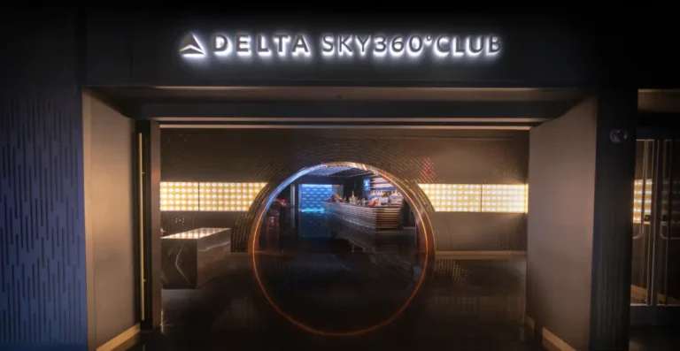 Entrance to the Delta SKY360° Club at Sphere in Las Vegas, showing a modern, illuminated lounge interior.