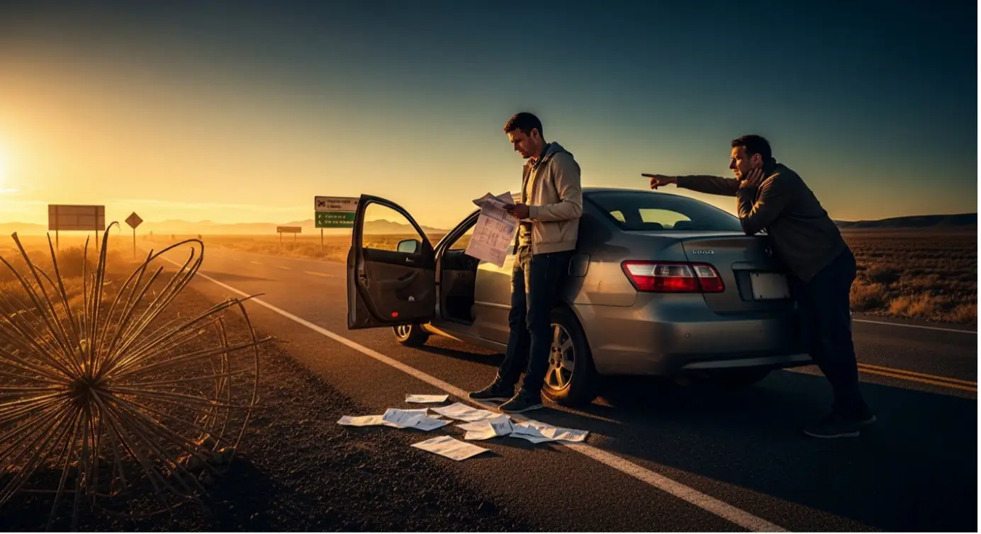 Two men stopped beside a car on a desert highway at sunset, studying a map and scattered papers while one points down the road.