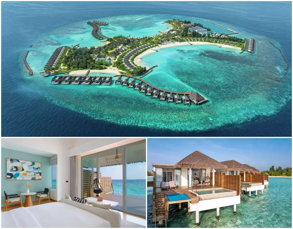 New Maldives Hotels &Amp; Resorts, 2025 &Amp; 2026 16 Collage showing aerial island views, overwater villas, and modern guest room interiors at dusitD2 Feydhoo Maldives resort.