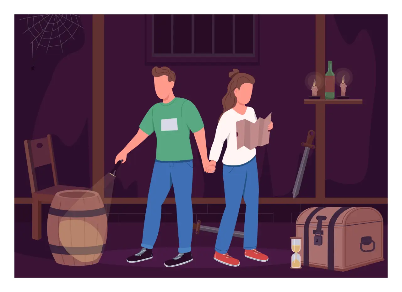 Couple in an escape room flat color vector illustration.