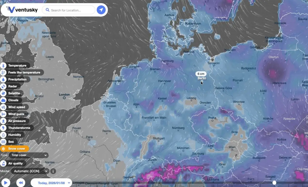 Europe’s Winter Wake-Up Call: Storm Elli Freezes Flights, Roads And Rail 3 Weather map showing widespread snow cover across Germany on 8 January 2026, with Berlin marked at 6 cm.