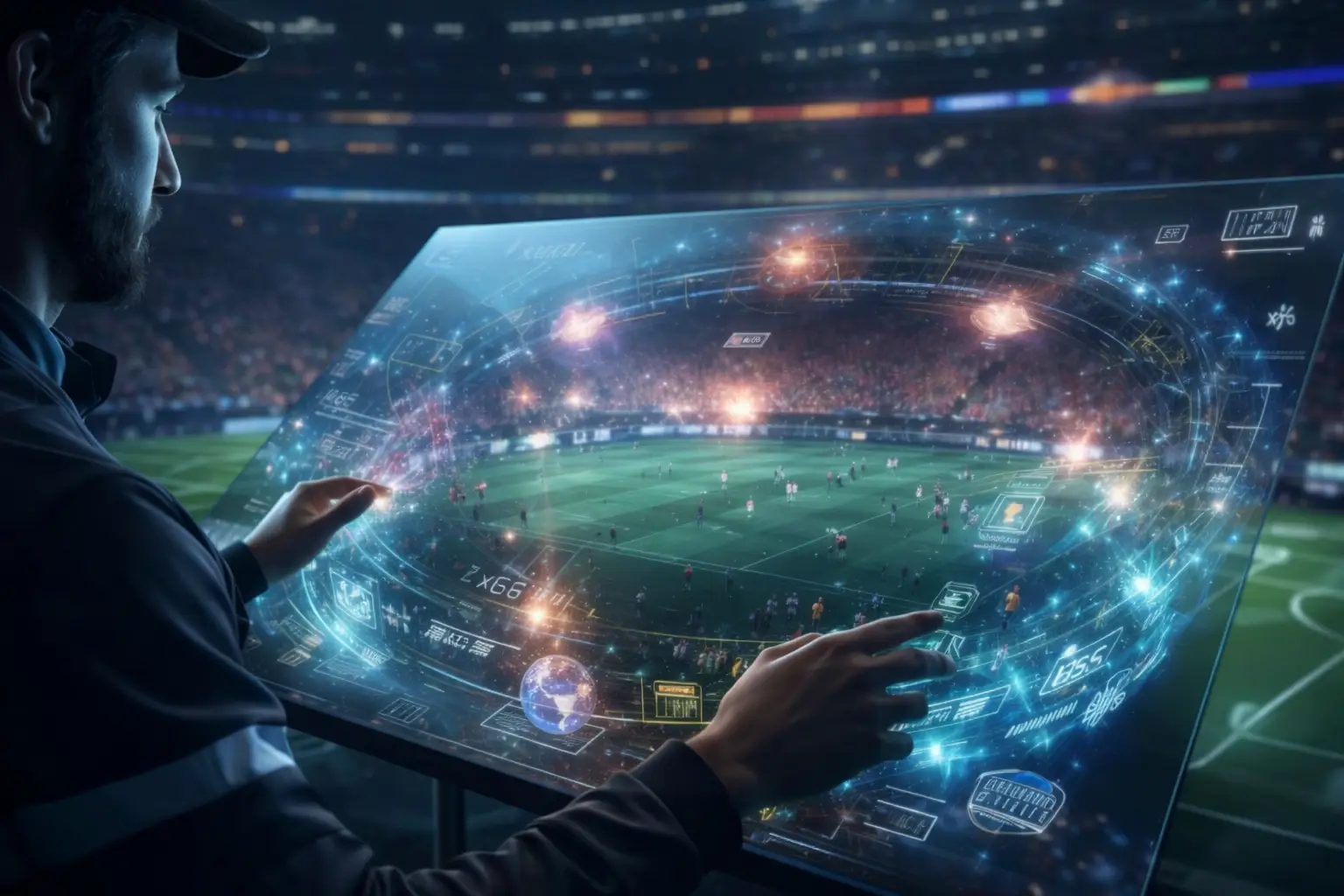Futuristic sports analyst using a holographic touchscreen to analyze a live football match inside a brightly lit stadium.