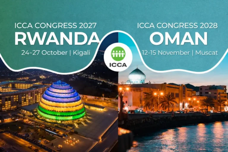 Promotional banner announcing ICCA Congress 2027 in Kigali, Rwanda, and ICCA Congress 2028 in Muscat, Oman, with city skylines.