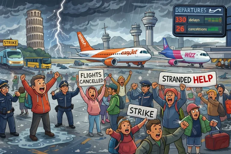 Cartoon illustration of stranded passengers protesting on an airport runway during a storm as delayed planes and strike chaos unfold in Italy.