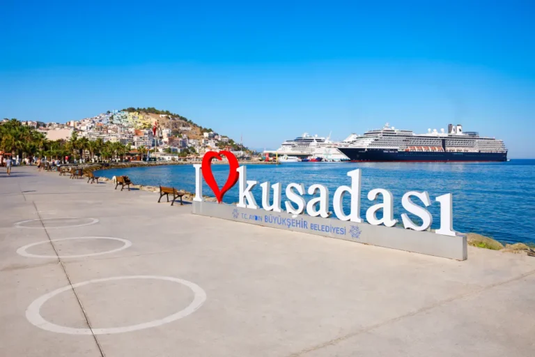 News From Turkey - Türkiye 17 Kusadasi waterfront promenade with “I Love Kusadasi” sign and cruise ship docked in the harbor