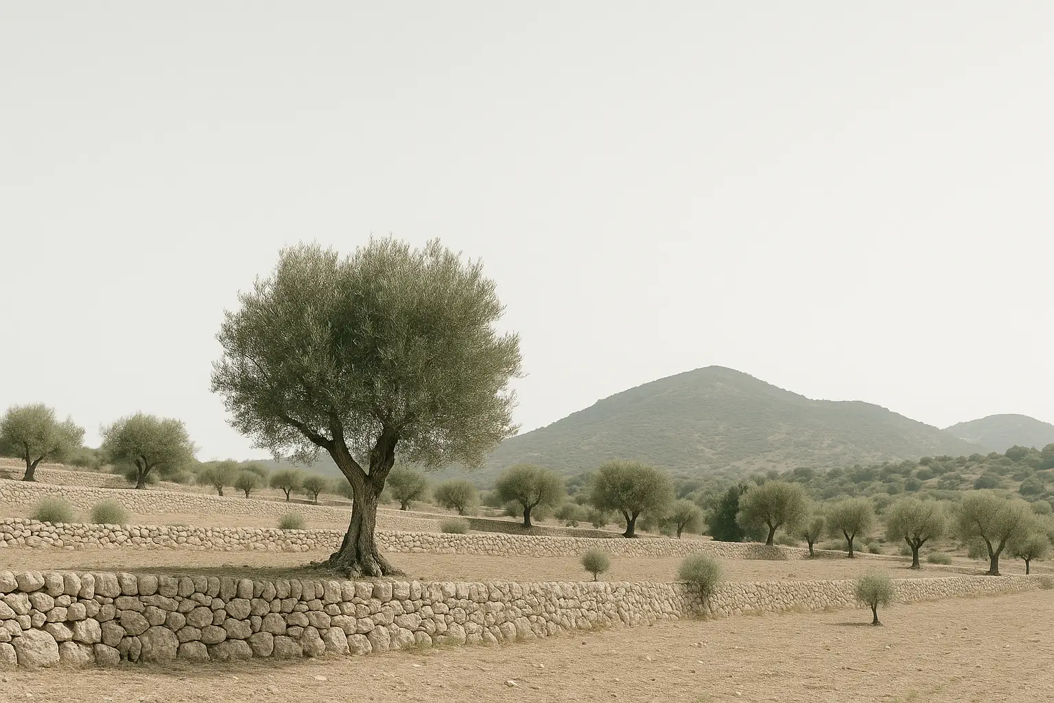 Terraced olive grove with stone walls and scattered olive trees across a dry rural landscape, with low mountains in the background.