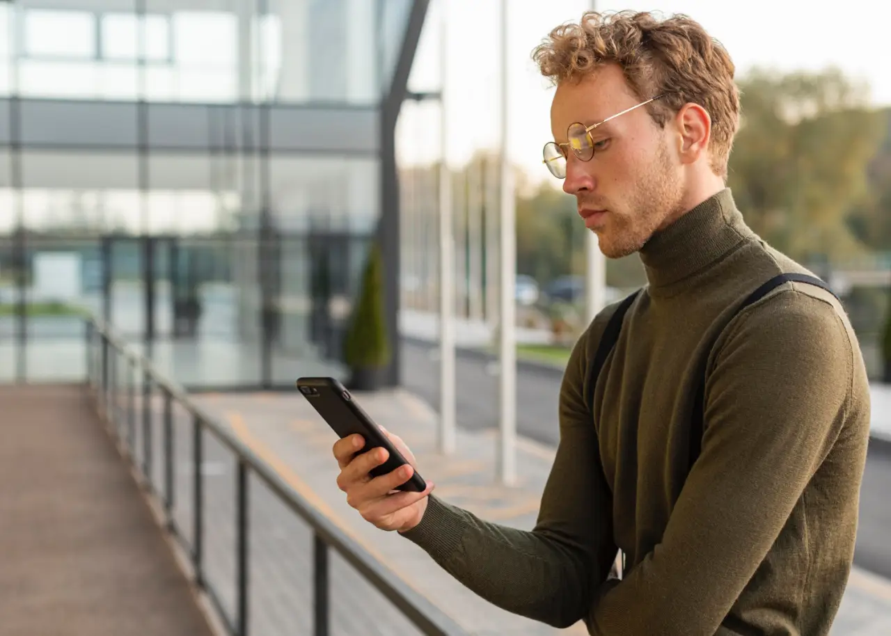 Man wearing glasses checks his smartphone outside a modern glass building, standing on a walkway in daylight.