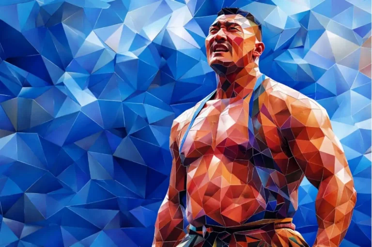 Polygon-style illustration of a Mongolian wrestler in traditional attire standing against a blue geometric background.
