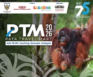 Promotional banner for PATA Travel Mart 2026 in Kuching, Sarawak, Malaysia, featuring an orangutan in a rainforest with event dates August 18–20 and PATA 75th anniversary branding.