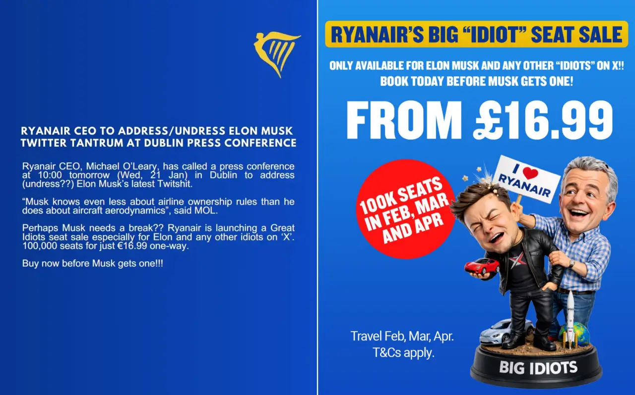 Promotional graphic showing a blue Ryanair advert for a “Big ‘Idiot’ Seat Sale” from £16.99, with cartoon caricatures of two businessmen and text announcing 100,000 seats for travel in February, March and April, alongside a mock press conference headline.