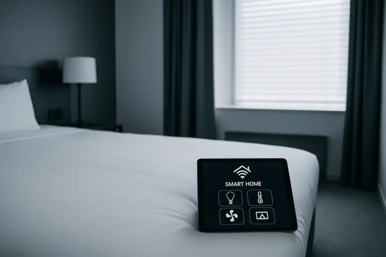 Technology 11 Tablet controlling smart home features on a modern hotel bed, showing lighting, temperature, and climate icons in a minimalist room.