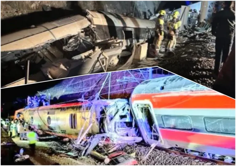 Spain Travel And Tourism News 22 Emergency crews inspect derailed high-speed train carriages after a nighttime collision in Spain, with damaged cars and debris visible under floodlights.