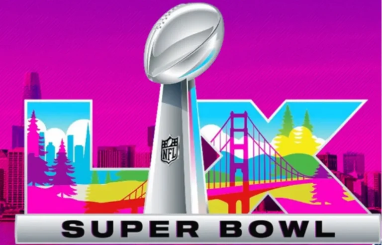 Super Bowl LX logo illustration featuring the Lombardi Trophy with a colorful San Francisco skyline and Golden Gate Bridge background.