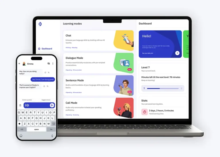 Laptop and smartphone displaying a language learning app dashboard with AI tutor chat, learning modes, progress stats, and user interface.