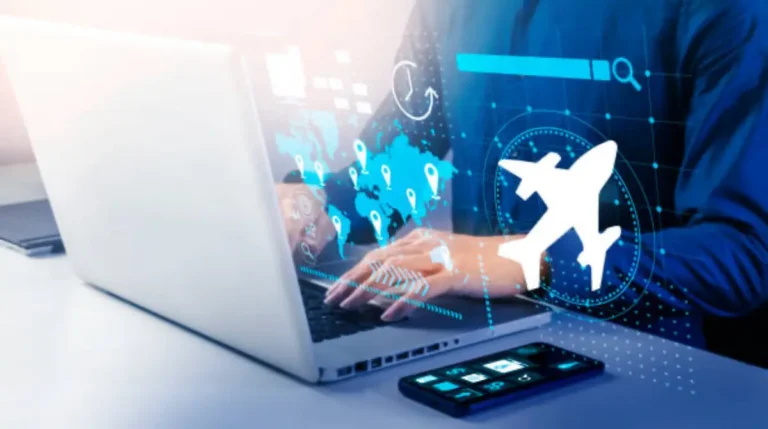 Person using a laptop with digital travel and cybersecurity interface icons, including an airplane, world map, and data overlays on screen.