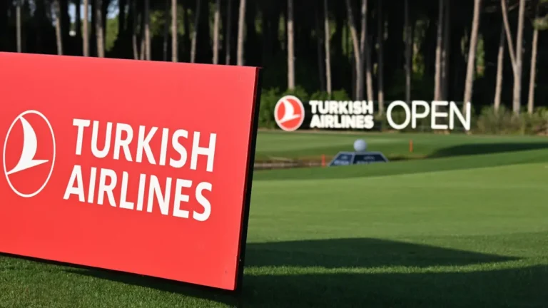 Turkish Airlines Open signage displayed on a golf course with tournament branding in the background.