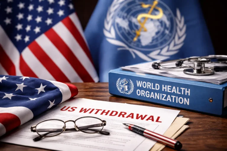 US flag beside a World Health Organization binder and a document labeled “US withdrawal” on a desk