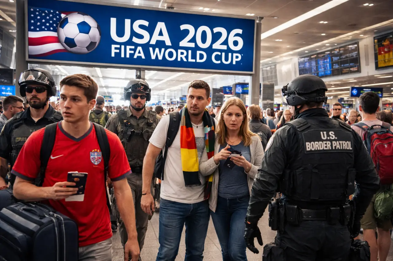 World Cup fans walk through a busy airport under a USA 2026 sign as border officers patrol.