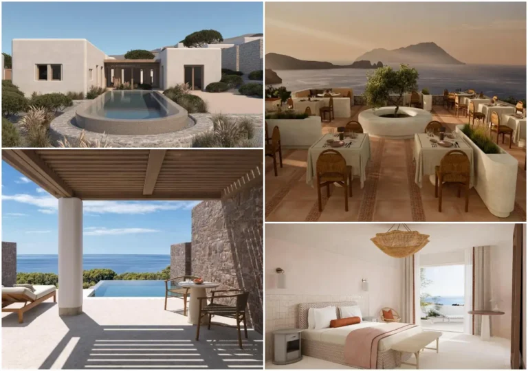 Luxury Travel 41 Luxury all-suite resort on Milos with private pool terraces, sea-view restaurant, minimalist interiors and volcanic stone architecture