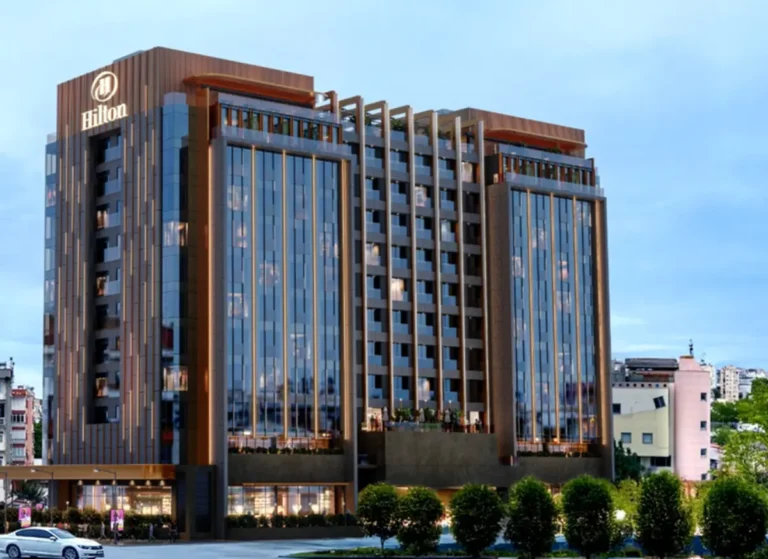 Modern Hilton hotel building exterior in Antalya city center with contemporary architecture