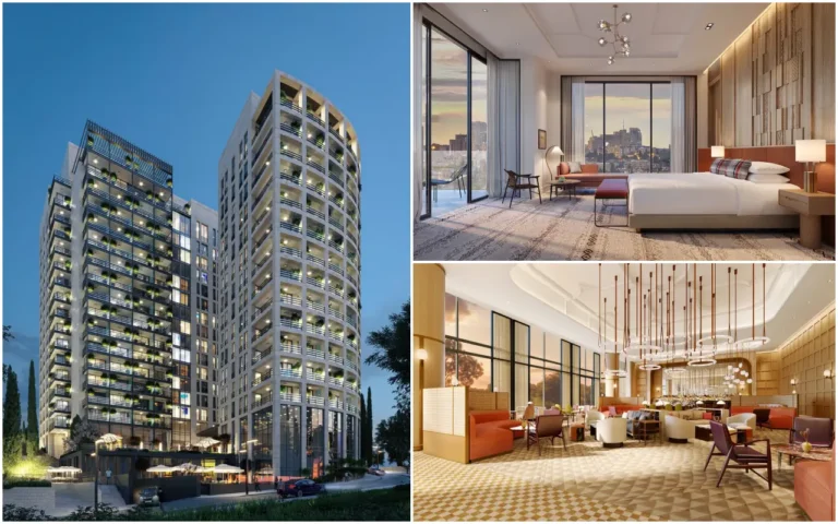 Modern luxury hotel tower with elegant guest room and stylish restaurant interior in Jerusalem