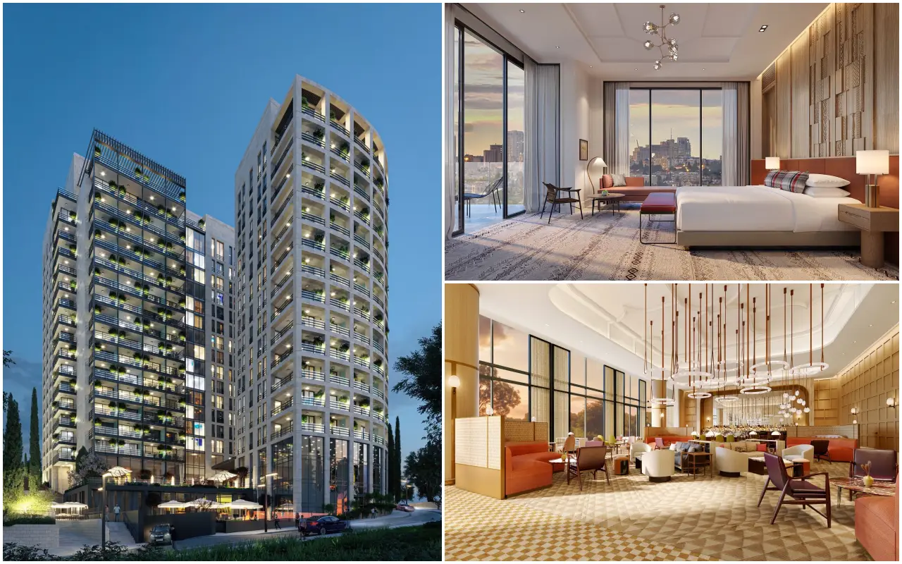 Modern luxury hotel tower with elegant guest room and stylish restaurant interior in Jerusalem