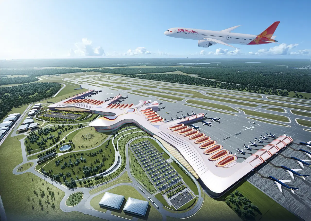 Aerial rendering of Phu Quoc International Airport with modern terminal design and a Sun PhuQuoc Airways Boeing 787 flying overhead