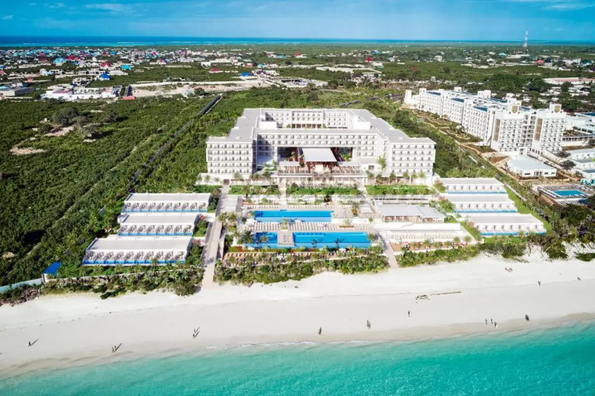 Aerial view of beach front Riu Palace Swahili in Zanzibar with white sandy beach