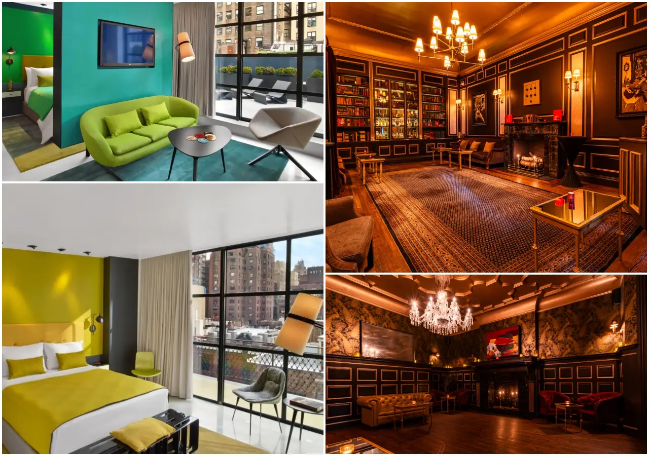 The William Boutique Hotel Reopens In Midtown Manhattan 3 Interior spaces at The William boutique hotel in Midtown Manhattan featuring colourful suites and art-filled lounge areas