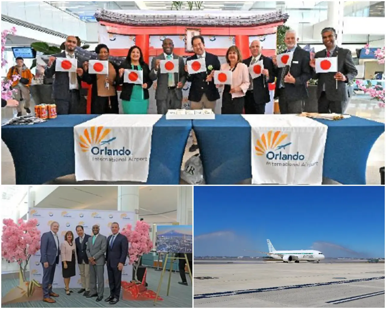 ZIPAIR executives and Orlando International Airport officials celebrate the first nonstop charter flight from Tokyo to Orlando during a launch ceremony at the terminal