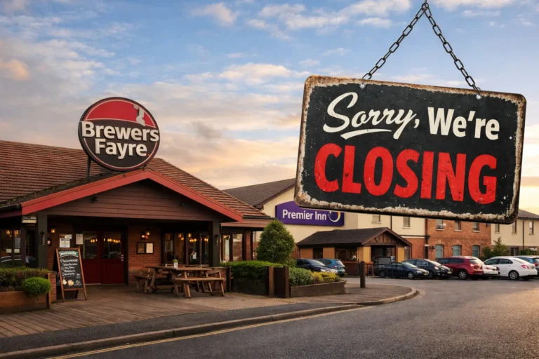Brewers Fayre restaurant next to Premier Inn displaying a closing sign in the UK