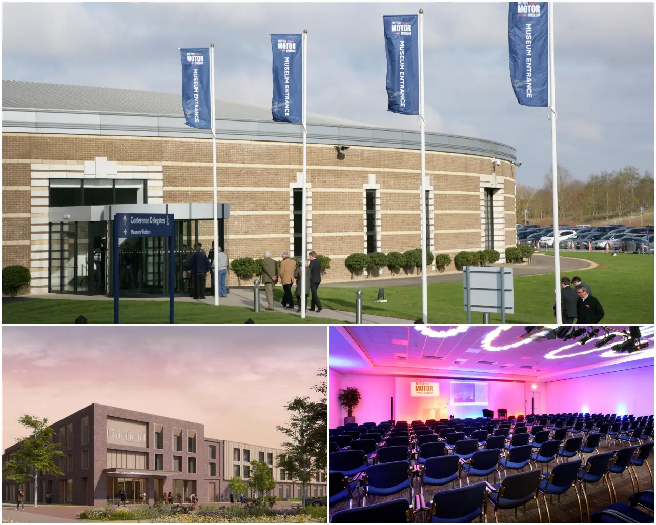 British Motor Museum exterior with entrance flags, Fairfield by Marriott hotel rendering, and conference hall set for business events