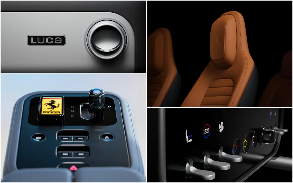 Ferrari Unveils Interior Design And Name Of Its First Full-Electric Sports Car Luce 3 Ferrari Luce interior details showing aluminium dashboard badge, leather seats, centre console and climate controls