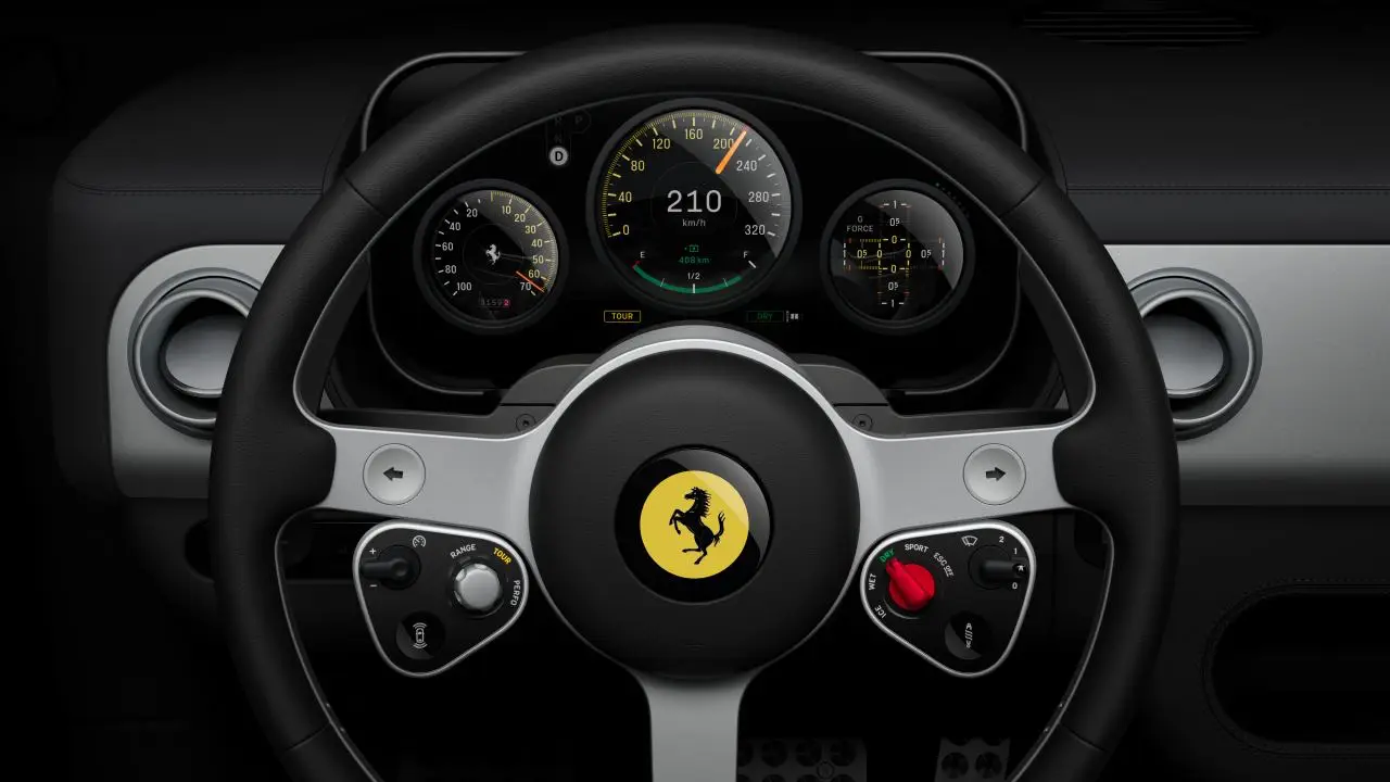 Ferrari Luce electric sports car steering wheel with digital instrument cluster