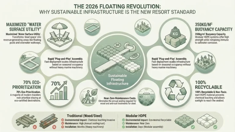 Infographic showing modular HDPE floating infrastructure for resorts, highlighting sustainability, rapid assembly, high buoyancy capacity, and recyclable materials.