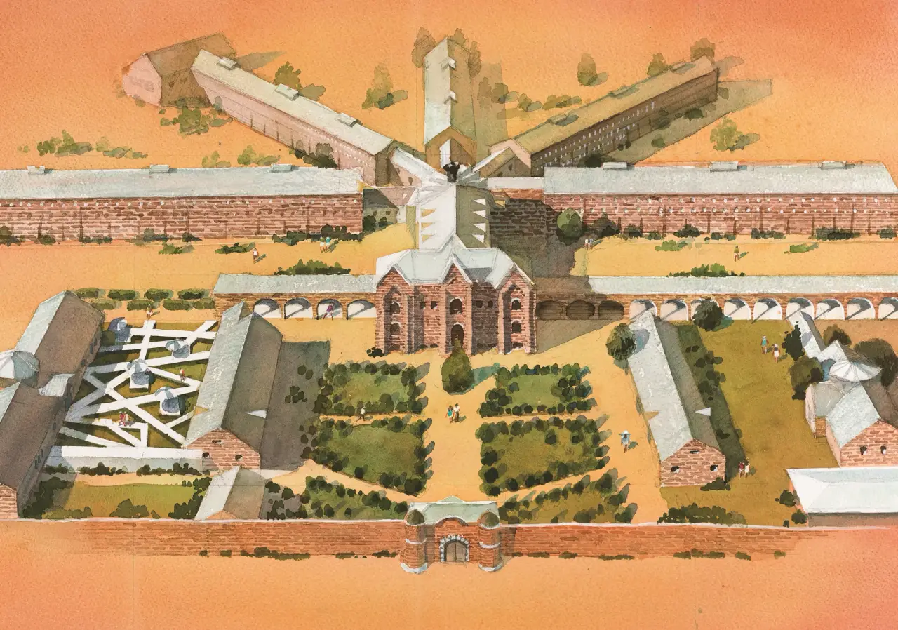 Japan’s First Luxury Hotel Housed In A Former Prison Will Open In June 3 Architectural layout of HOSHINOYA Nara Prison showing the radial design with central guard tower and radiating wings