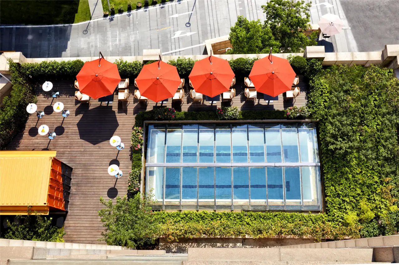 Rooftop hotel pool surrounded by greenery with red sun umbrellas and outdoor seating, viewed from above