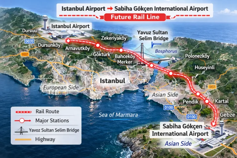 Infographic map showing proposed rail line between Istanbul Airport and Sabiha Gokcen International Airport across the Bosphorus.