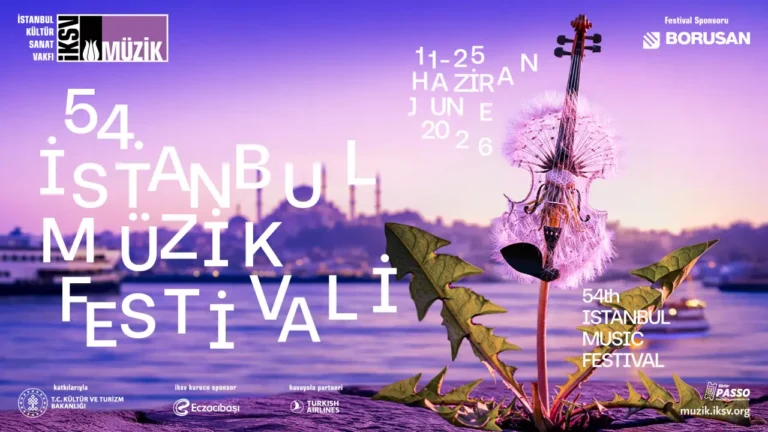 54th Istanbul Music Festival 2026 poster showing a violin shaped like a dandelion against Istanbul skyline at sunset