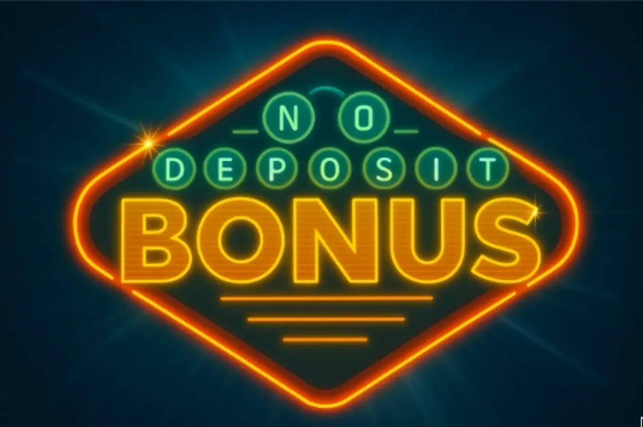 Neon sign graphic reading “No Deposit Bonus” in bright orange and green glowing lights on a dark background