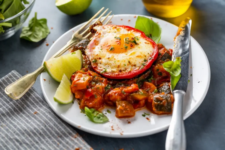 Baked egg in red bell pepper served with vegetable ratatouille, lime wedges, and fresh herbs on a white plate.