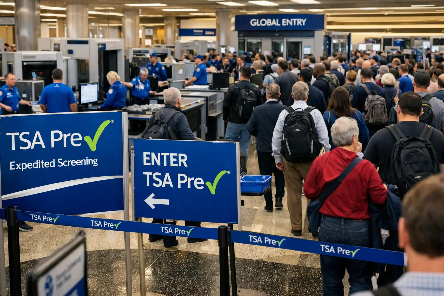 Travelers queue at a TSA PreCheck airport security lane with expedited screening signage visible