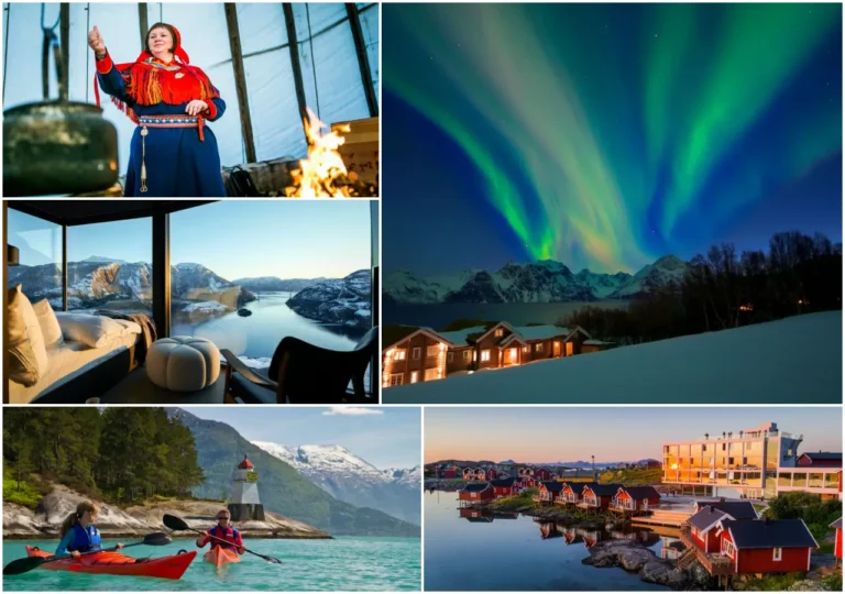 Luxury Travel 42 Luxury travel experiences in Norway featuring Northern Lights over fjord cabins, kayaking in turquoise waters, scenic glass lodge views, and Sami cultural traditions.