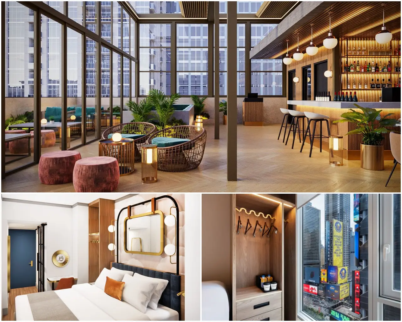Modern rooftop bar and guest room at voco Times Square Broadway with skyline views of New York City.